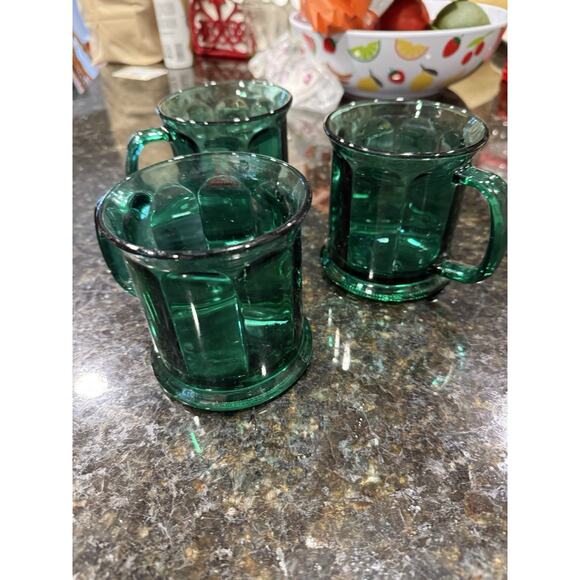 3 Culver Green Glass Mugs MCM Faceted Flared Rim Emerald VTG Made In USA - Picture 1 of 2